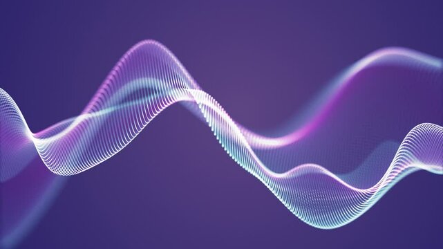 Soft purple waves. Abstract glowing digital waves on dark blue background with soft purple light rays. Digital sea particle waves background. Violet waves flowing  light beams. 4k 60 fps video