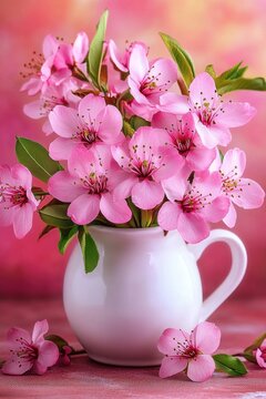 Fototapeta Delicate pink cherry blossoms in white pitcher against soft pink background capturing spring beauty and floral elegance in a romantic and serene still life