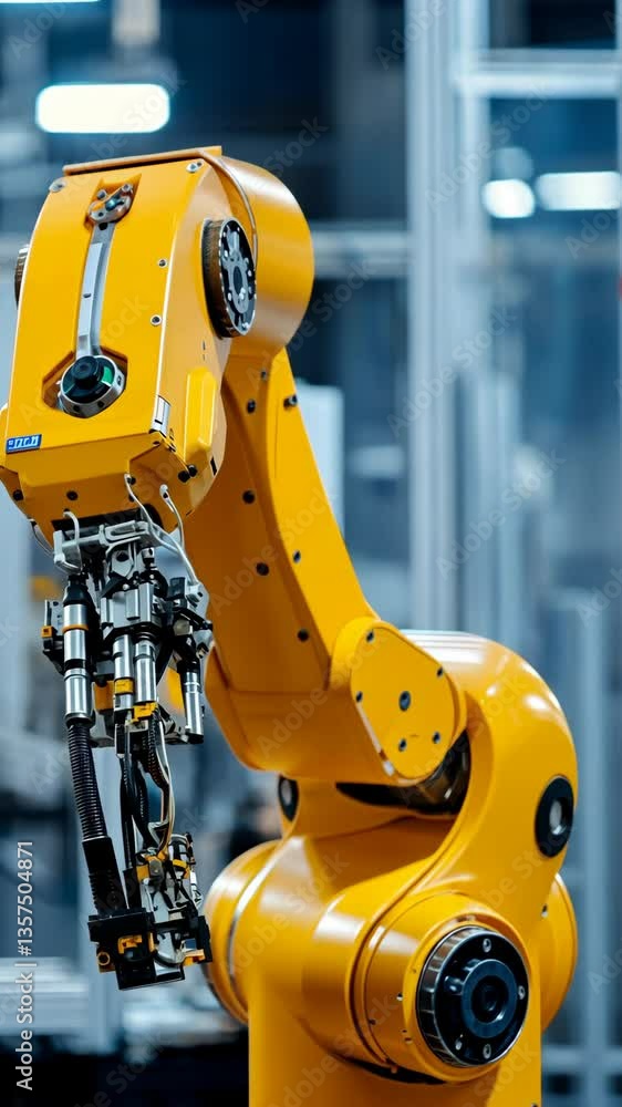 Poster industrial robot arm operating on assembly line in modern factory