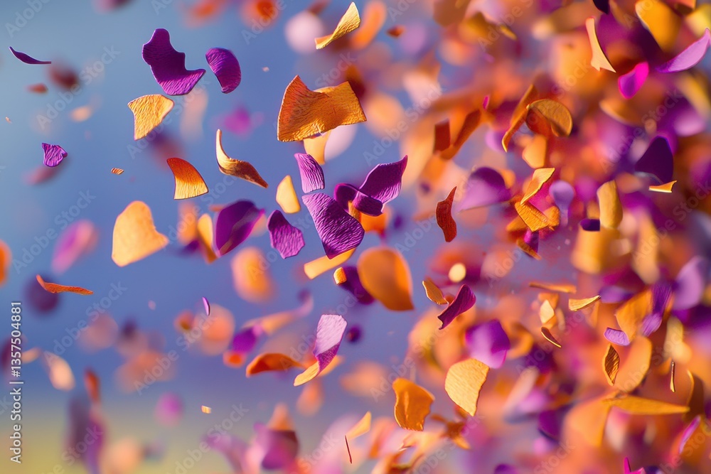 Poster floating petals in a colorful display of purple and orange hues, creating a dynamic and ethereal sen