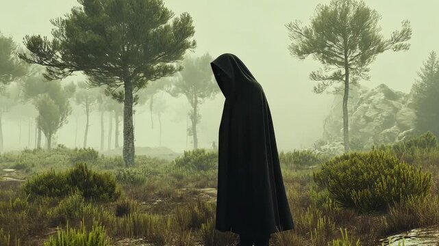 Mysterious figure in dark cloak walking through foggy forest landscape at dawn