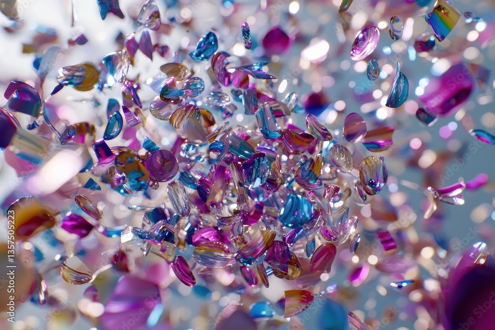 Poster a vibrant and playful abstract design featuring colorful, glossy confetti pieces in a dynamic and ce