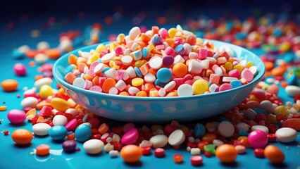 A white plate is centered on a light blue table with colorful assorted candies and sprinkles scattered both on the plate and around it.