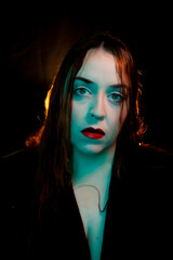 Model with makeup similar to a character from a period film.