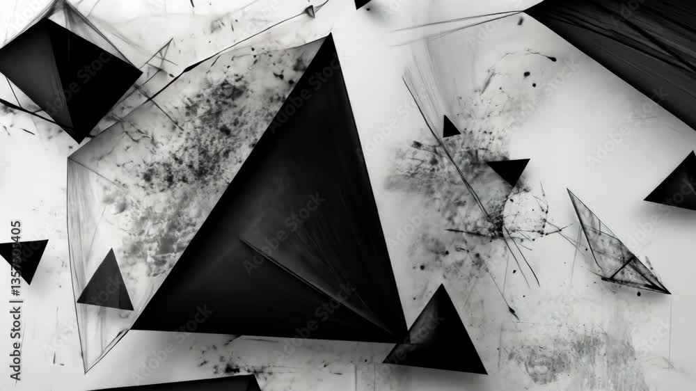 Poster abstract geometric design featuring black pyramids and intricate patterns on a light background