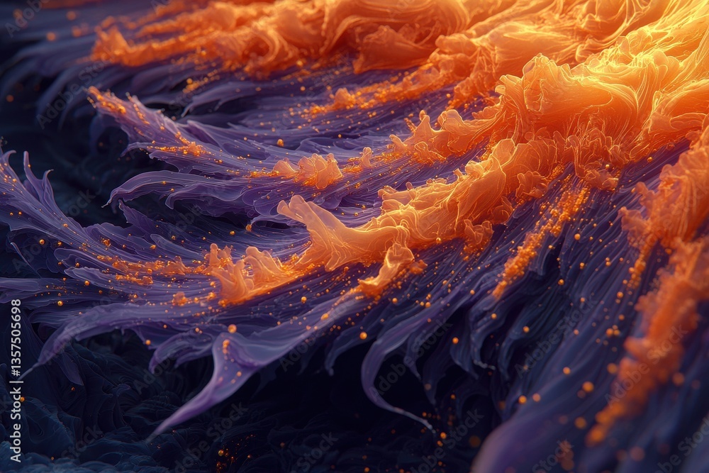 Poster an enchanting macro abstract image featuring dynamic orange waves flowing over deep purple textures,