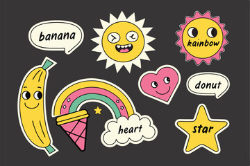 54 Colorful cartoon stickers, crypto and internet culture icons, dark background, vibrant colors, playful illustrations, emoji-style, Bitcoin logo, cactus character, speech bubbles, baseball, dollar s