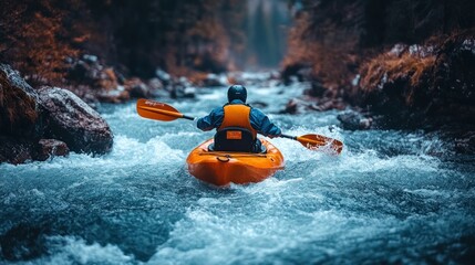 Fototapeta premium Kayaker navigating a turbulent river. A person paddles a kayak through a fast-moving, rocky river. The rapids are intense, showcasing the power of nature