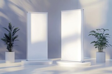 Blank Roll Up Expo Banner Stand Set Trade Show Booth White and Blank 3D Render Illustration
