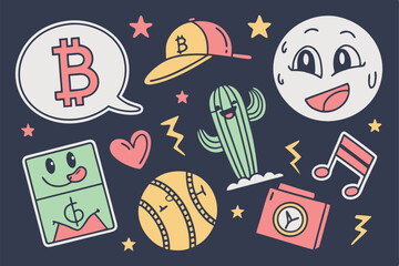 54 Colorful cartoon stickers, crypto and internet culture icons, dark background, vibrant colors, playful illustrations, emoji-style, Bitcoin logo, cactus character, speech bubbles, baseball, dollar s