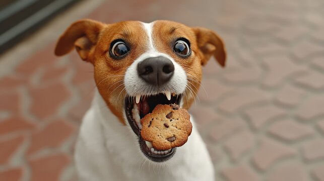 Playful Pup Relishing a Treat: Close-Up of a Happy Dog Enjoying a Biscuit at Home