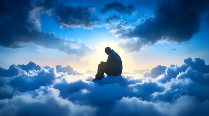 Man Silhouette Sitting on Cloud During a Vibrant Sunset with Intense Backlighting and Dramatic Blue Sky Creating a Dreamlike Spiritual Ambiance Full of Hope and Peace