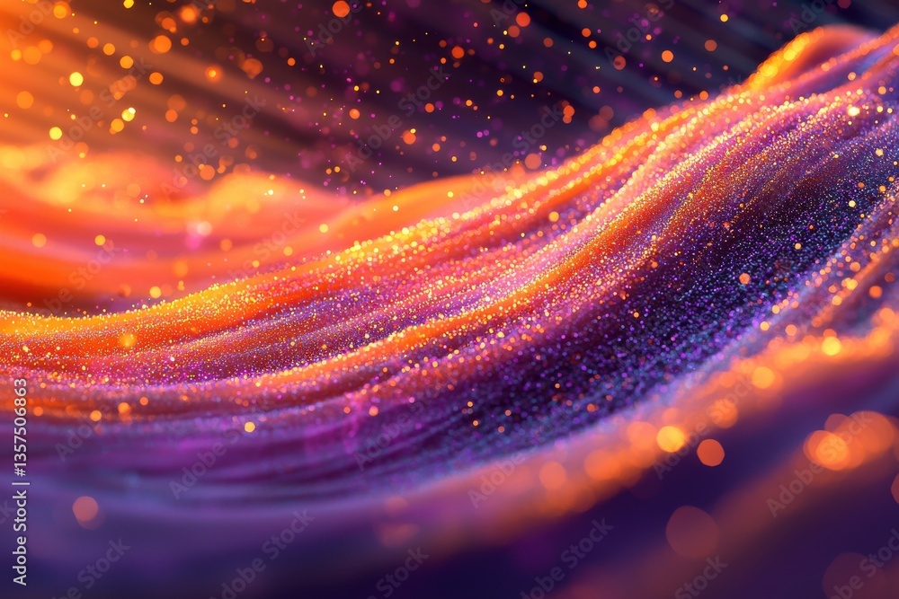 Poster a dazzling abstract background with flowing lines of shimmering particles in shades of orange, pink,
