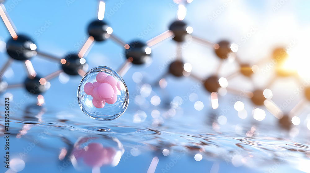 Poster microscopic cell with molecular structure network under blue sky with sunlight in a science laborato