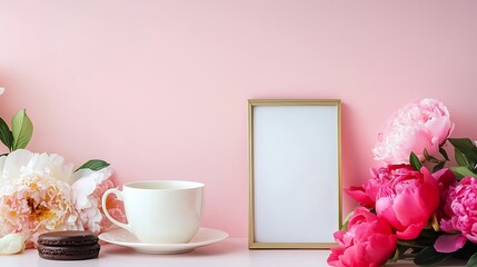Peaceful Coffee Moment with Flowers on Pink Background, Blank Frame for Text or Photo Display