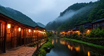 A night festival market, softly blurred, with lanterns lighting up the street stalls, AI Generated