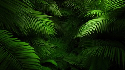 Lush green palm leaves create a dense tropical background, perfect for nature-themed designs, eco-friendly projects, or relaxation contexts, Ideal for websites, print, and presentations,
