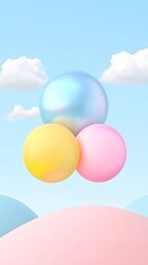 Pastel spheres float with sky background.