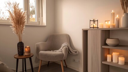 Cozy and Serene Interior Decor with Warm Lighting, Candles, and Natural Elements in Modern Living Space