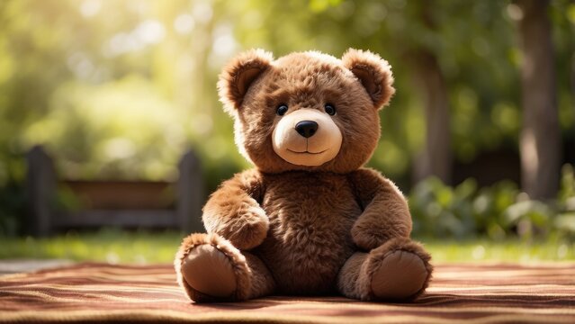 A plush teddy bear with a brown body, dark nose