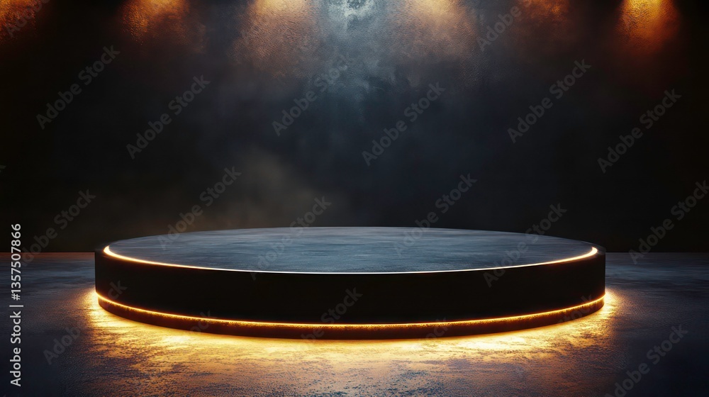 Poster empty round podium with golden light, dark background. possible use product presentation