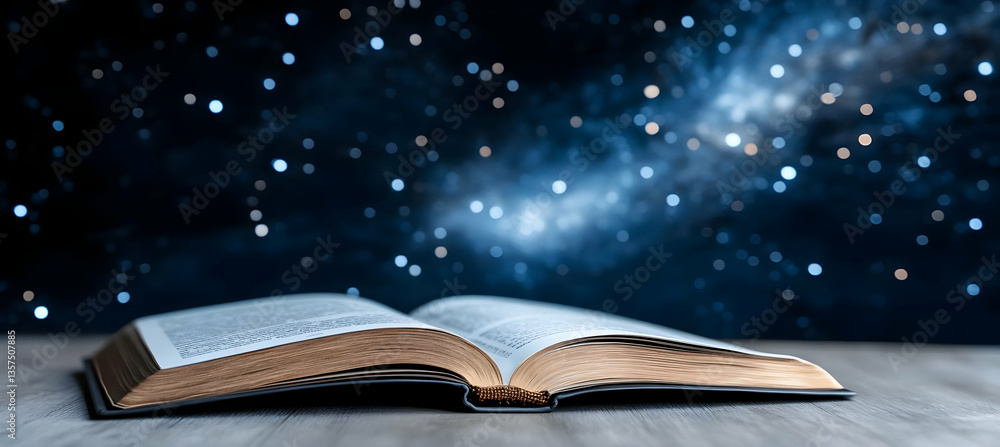 Poster open book illuminated by celestial light with a galaxy background on wooden table creating a mystica