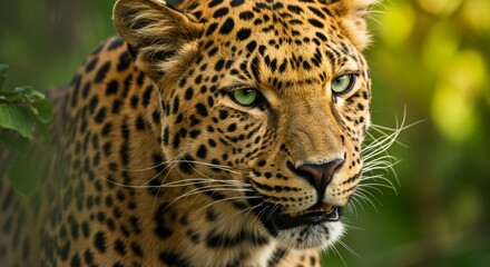 Obraz premium Captivating Close-Up of a Leopard's Striking Emerald Eyes and Spotted Fur