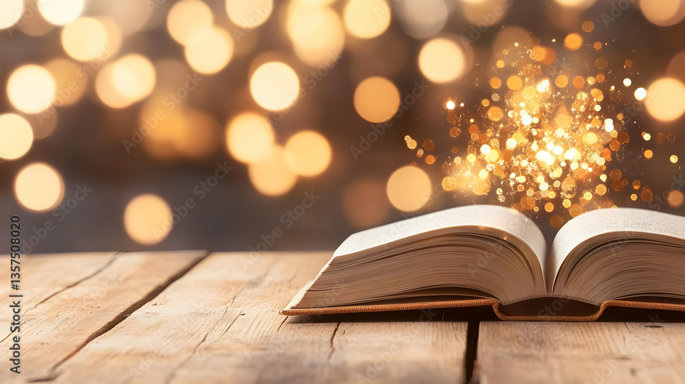 Poster open book with golden glowing light effects on rustic wooden table and bokeh background representing