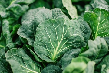 Fresh Organic Collard Greens Bunch with Vibrant Green Leaves on a Rustic Farm Background