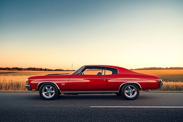 Naklejka premium Red Classic Car on Road at Sunset with Golden Field Backdrop