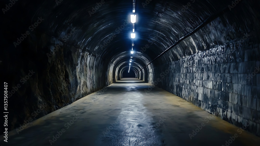 Poster mysterious dark tunnel with glowing lights and wet floor, creating eerie atmosphere and depth
