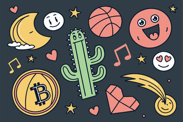 54 Colorful cartoon stickers, crypto and internet culture icons, dark background, vibrant colors, playful illustrations, emoji-style, Bitcoin logo, cactus character, speech bubbles, baseball, dollar s