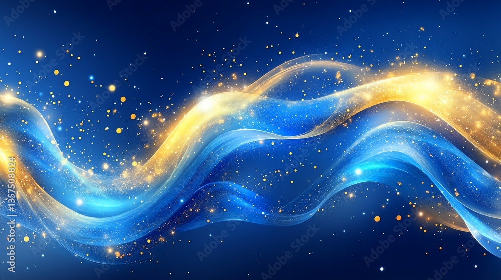 Poster elegant blue and gold abstract background with sparkling particles and flowing lines