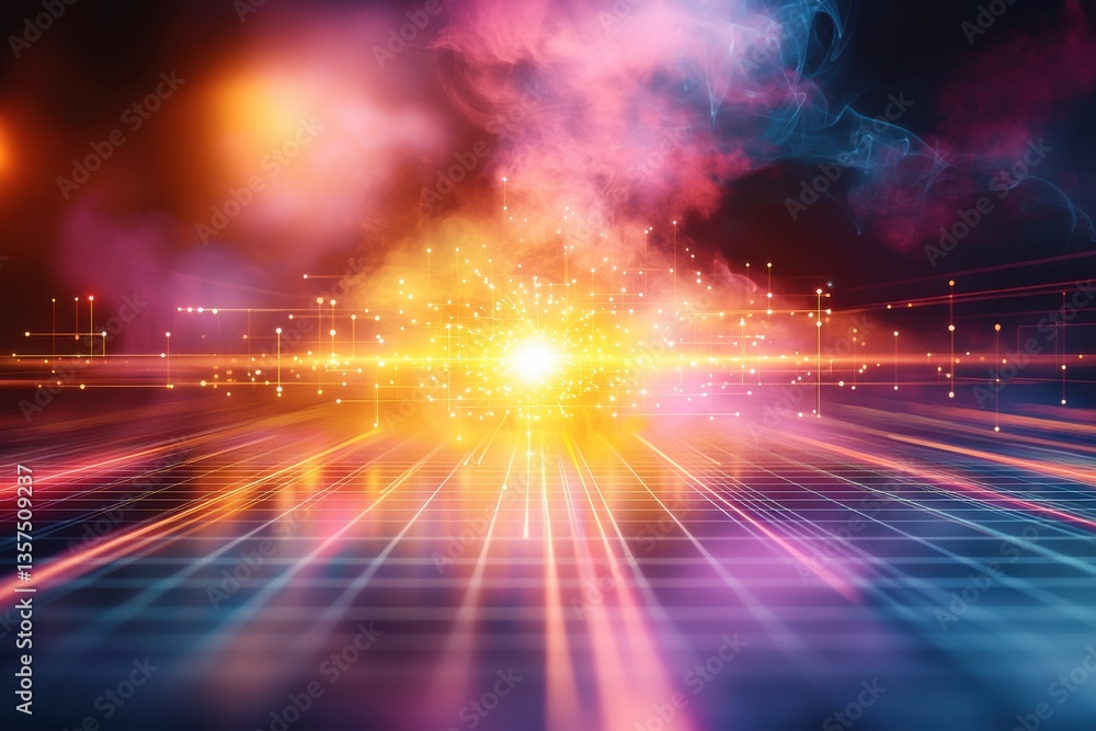 Poster an abstract visualization of a digital network with vibrant light streaks, energy, and cosmic clouds
