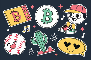 54 Colorful cartoon stickers, crypto and internet culture icons, dark background, vibrant colors, playful illustrations, emoji-style, Bitcoin logo, cactus character, speech bubbles, baseball, dollar s