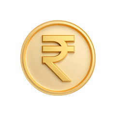 A gold coin featuring a raised Indian rupee symbol on a beige background.