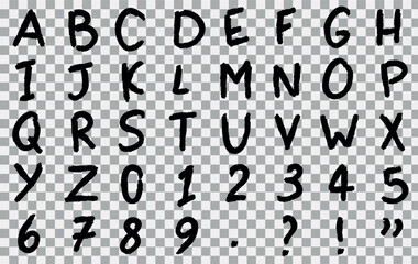 Cartoon textured oil pastel Latin alphabet with numbers and signs, Grunge hand drawn. Chalk letters on transparent Background