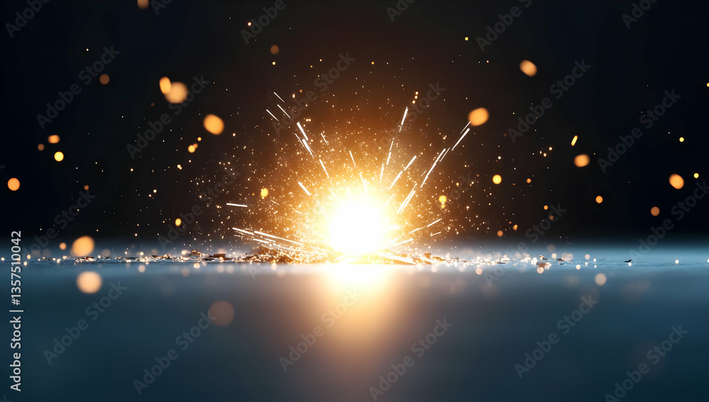 Poster radiant explosion of golden sparks on reflective surface creating a dramatic and energetic display a