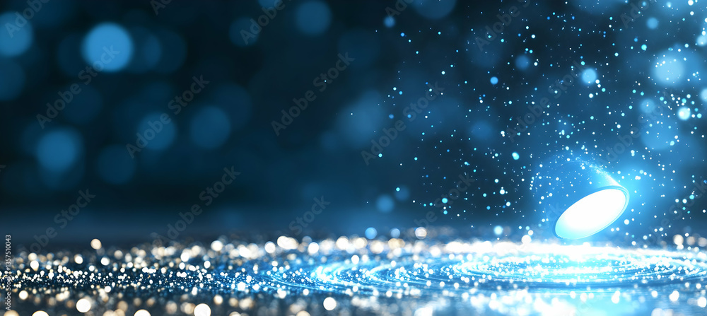 Poster radiant blue glitter background with sparkling dust particles and bokeh lights create a mesmerizing 