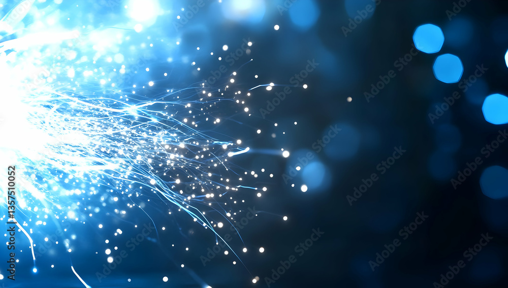 Poster radiant blue light sparkles bursting on dark backdrop with blurred bokeh effect creating a magical a