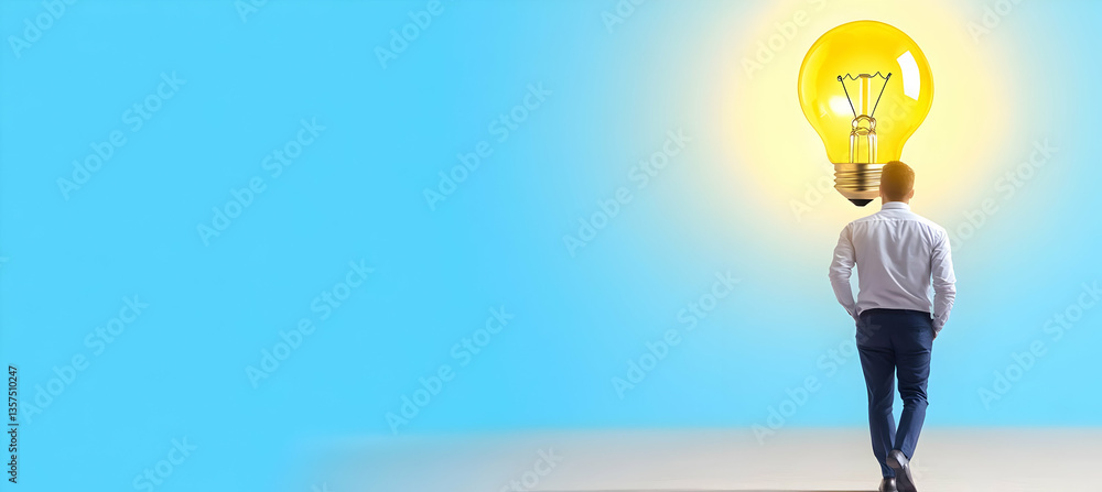 Poster rear view of man in gray shirt walking towards glowing yellow lightbulb on a light blue background r