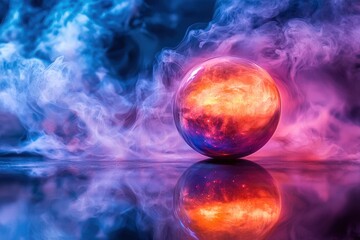 A vibrant sphere surrounded by swirling smoke, reflecting on a smooth surface, creating an ethereal and otherworldly atmosphere with bright colors.