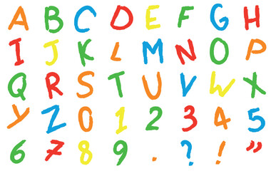 Colorful Cartoon textured oil pastel Latin alphabet with numbers and signs, Grunge hand drawn. Chalk letters
