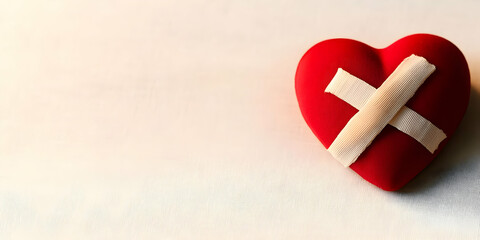 Red Heart with Bandage on White Surface Representing Healing and Emotional Recovery Hope Concept Healthcare Symbol Medicine and Emotional Support Conceptual Still Life Close Up