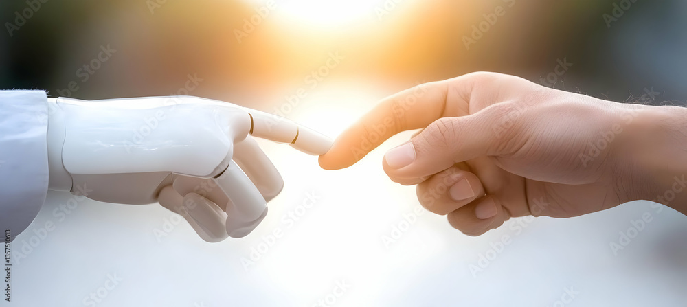 Poster robotic arm and human hand touching fingers in bright blurred background symbolizing technology conn