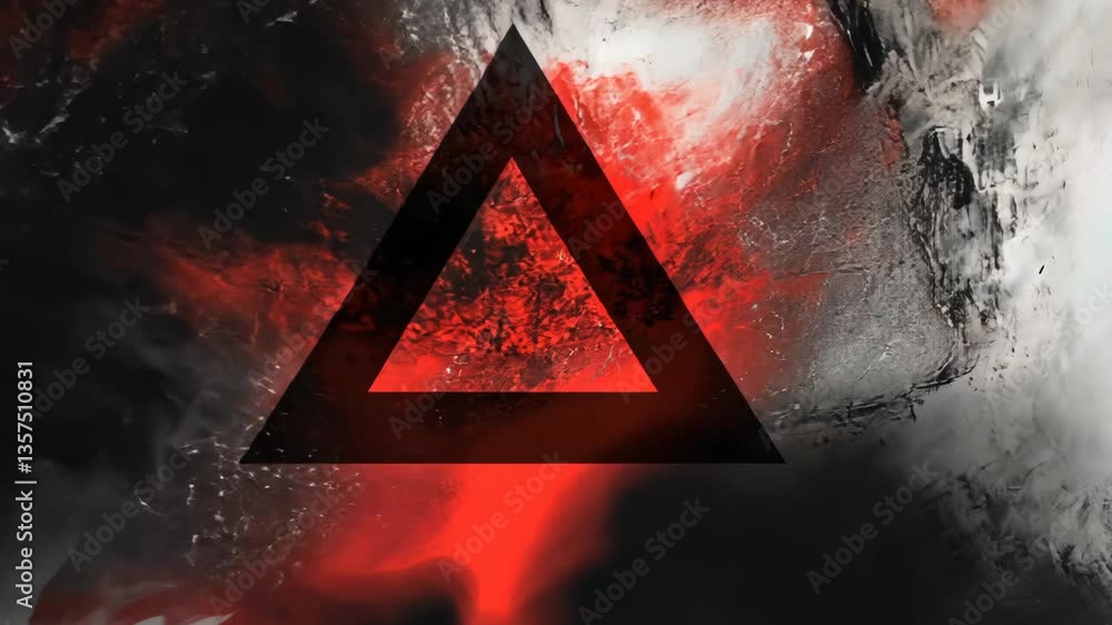 Poster bold abstract design featuring a black triangle over a red and gray background with swirling texture