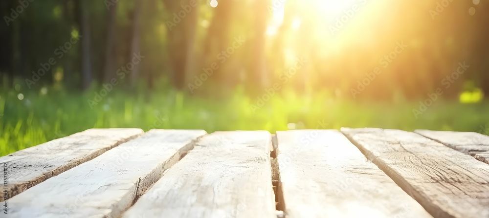 Poster rustic wooden table with sunlight streaming through trees in a green forest with an abstract landsca