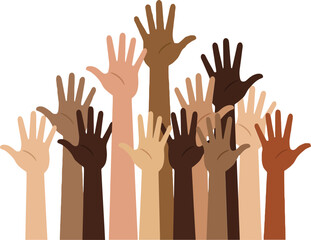 Fototapeta premium Diverse hands raised in unity, showcasing a range of skin tones in a minimalistic style, celebrating togetherness and solidarity in vector art