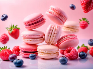 Obraz premium generative AI dessert sweets pink macaroons berry flavor strawberry blueberry raspberry