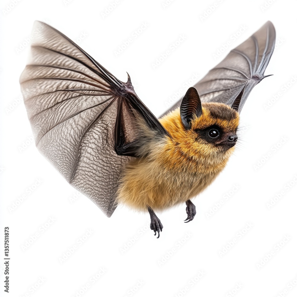 Poster captivating close up of a flying bat with translucent wings against a clean white background showcas